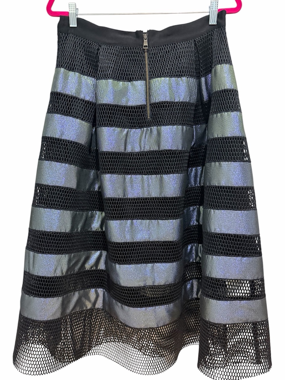 Sachin + Babi Noir sz 12 Black & Iridescent Blue A-Line Mesh Panel Midi Skirt - Picture 5 of 6